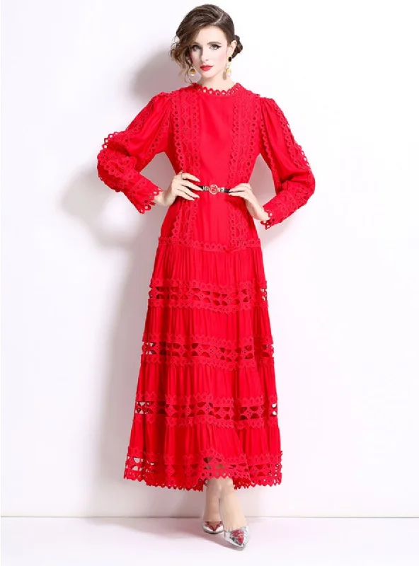 Round Neck Lantern Sleeve Long Lace Dress Fitted Maxi Skirt