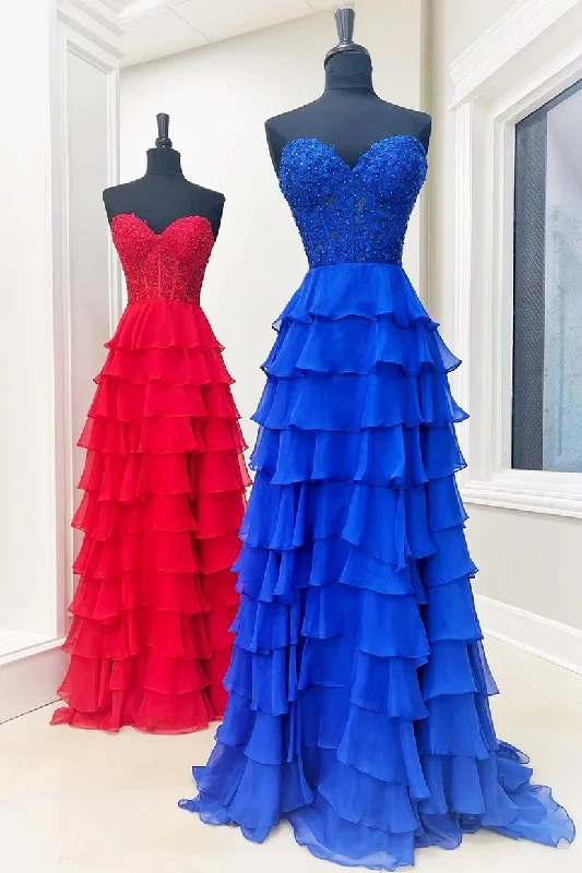 Royal Blue Chiffon Sweetheart Ruffle Tiered Long Prom Dress Casual Maxi Skirt