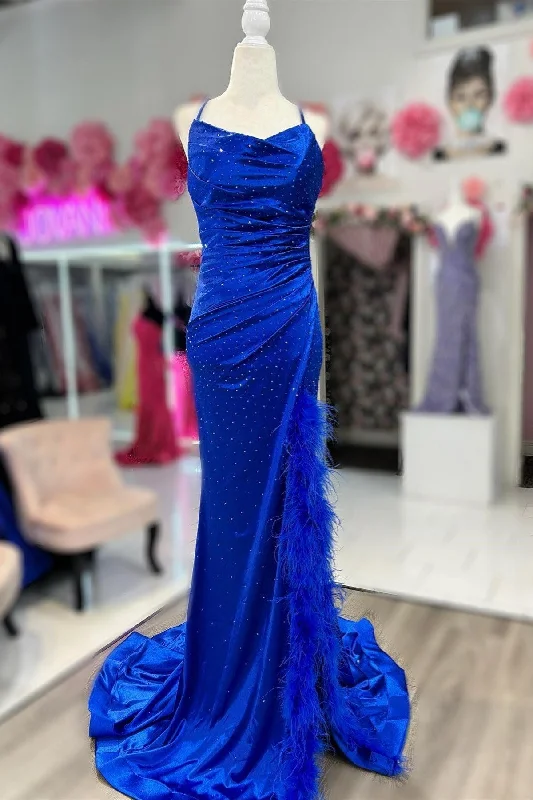 Royal Blue Cowl Neck Rhinestones Long Prom Dress with Feather-Trimmed Slit Soft Maxi Skirt