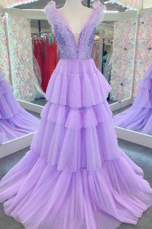 Sequin Top Lavender Tiered Tulle Long Formal Dress Satin Maxi Skirt