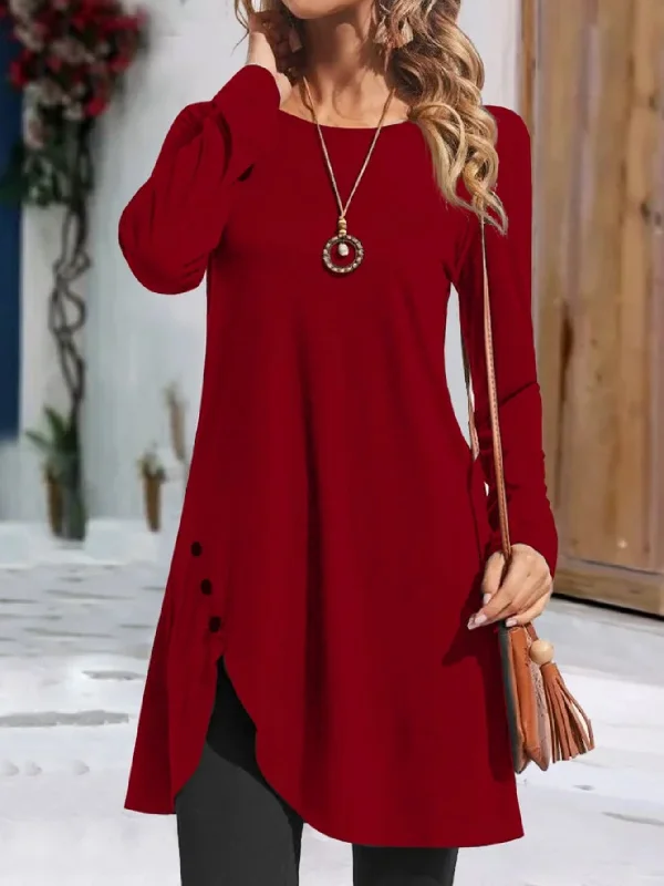 Solid Color Crew Neck, Casual Long Sleeve Asymmetric Hem Dress Embellished Maxi Skirt