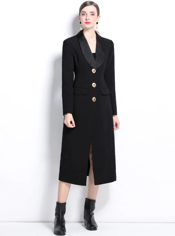 Suit Collar Double-breasted Button Long Coat Dress Slim-fit Maxi Skirt