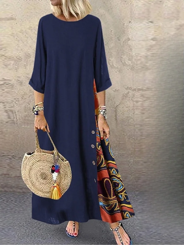 Tribal Print Crew Neck Panel Dress, Casual Long Sleeve Loose Maxi Dress Cozy Maxi Dress