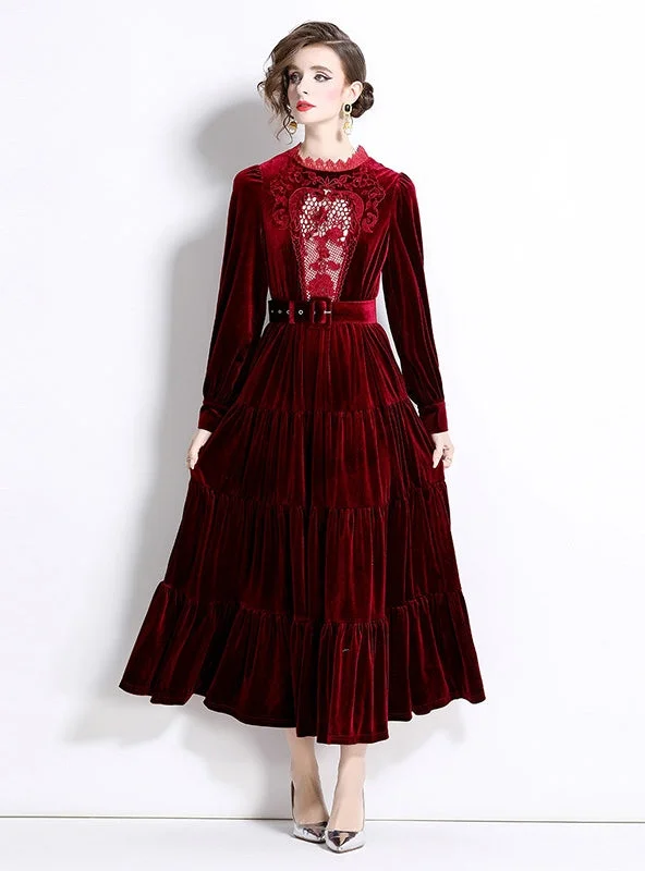 Velvet Lace Long Sleeve Swing Dress Soft Ruffled Maxi