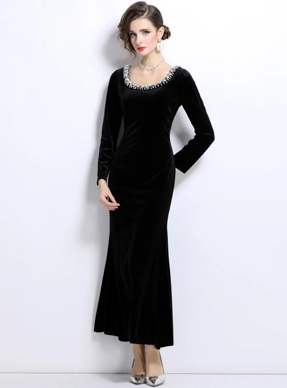 Velvet Retro Black Slim Long Sleeve Dress Bold Maxi Skirt