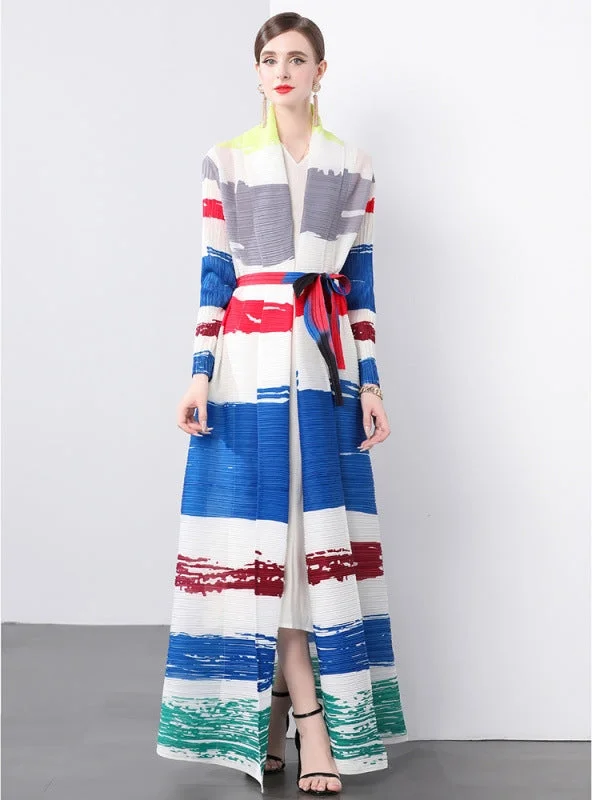 Women Fold Loose Large Print Long Coat Button-down Maxi Skirt