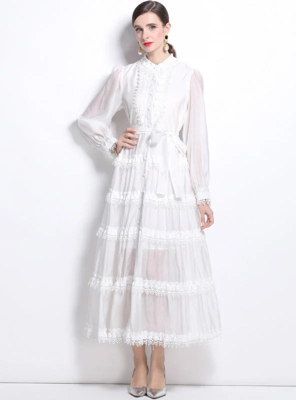 Women Lace Long Sleeve Button Dress Casual Maxi Outfit