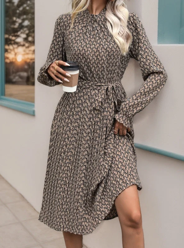 Women Long Sleeve Geometric Print Dress Stretch Maxi Skirt