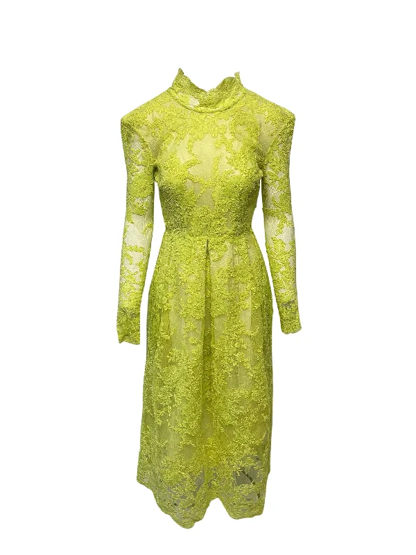 Alex Perry Lace Dress with Shoulder Pads in Yellow Polyester Lace Midi Dress