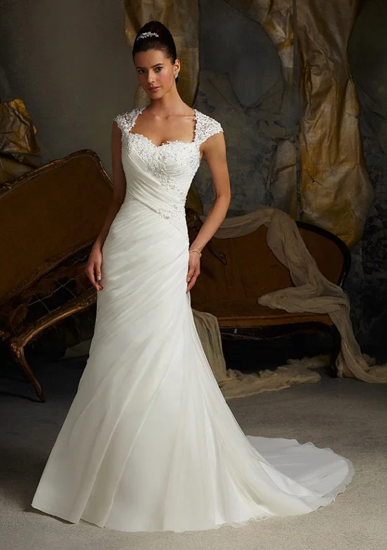 Mori Lee Venice Lace Appliques on Delicate Chiffon Ruffled Lace Dress