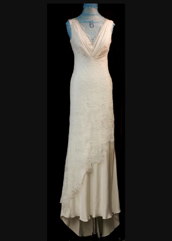 David Fielden V-neck crepe gown with chantilly lace Simple Lace Gown