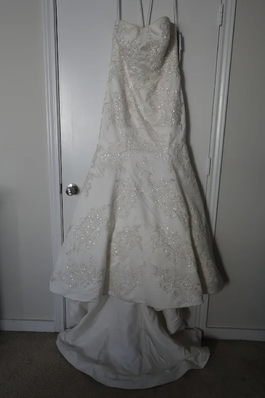 Oleg Cassini Strapless Satin Trumpet Gown with Lace CWG594 Soft Lace Dress