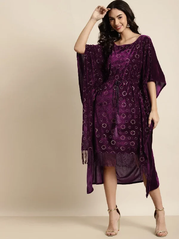 Purple Velvet Foil Print Fringe Lace Kaftan Dress Lace Dress with Belt