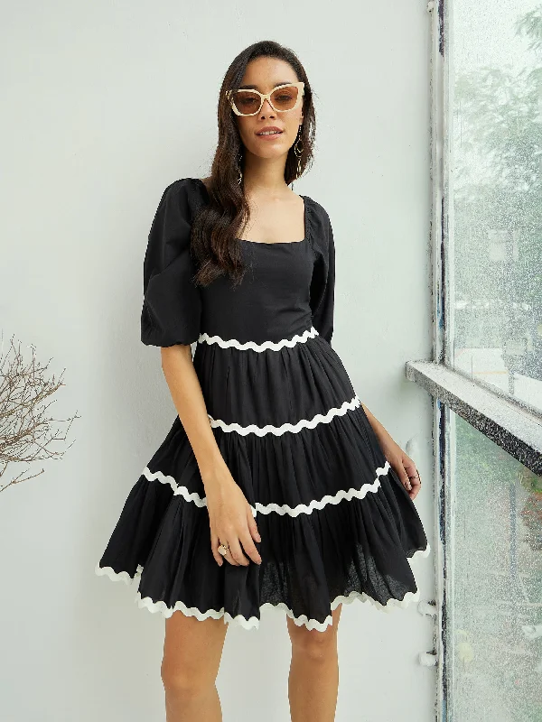 Women Black Ric Rac Lace Flared Above Knee Dress Lace Dress Trend